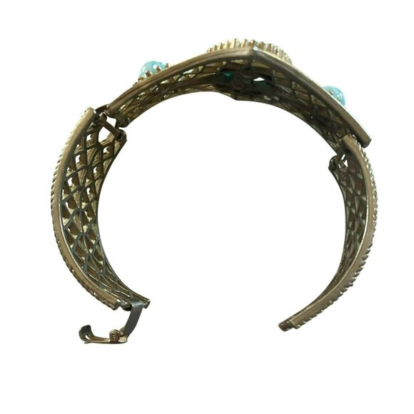 Unique Vintage Gold-Tone Filigree Cuff Bracelet With Turquoise Blue Cabochon Sto - Picture 5 of 7